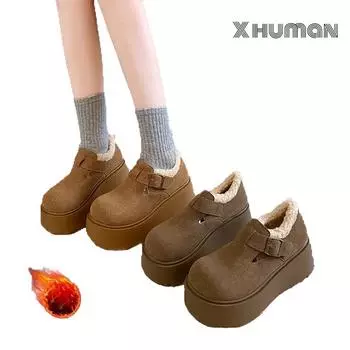 Мягкие сапоги-бублики, увеличивающие высоту щиколотки, зимние женские зимние туфли 2025 года, новые модные туфли с большой головой, симпатичные хлопковые повседневные однотонные теплые мокасины 35 чёрный