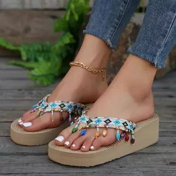 Мягкие шлепанцы, пляжные тапочки для отдыха на природе, женские повседневные туфли на танкетке и высоком каблуке, тапочки на толстой подошве, женский подарок в этническом стиле 36 белый