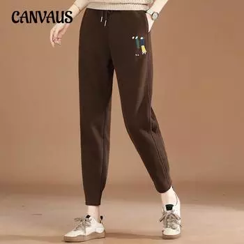 Мягкие спортивные штаны с эластичной резинкой на талии, зимние брюки, женские брюки, модели с вышивкой мультфильмов, длинные спортивные штаны, толстые брюки Харлан, повседневные брюки M чёрный