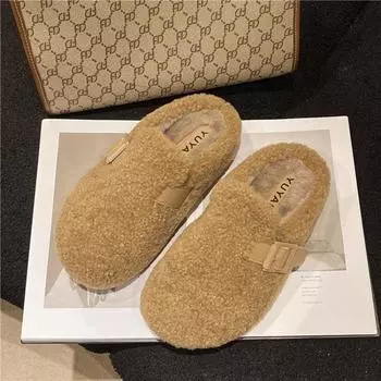 Мягкие стельки Тедди Меховые мюли-сабо для женщин зимние теплые плюшевые сандалии-слайды женские брендовые пушистые туфли 35