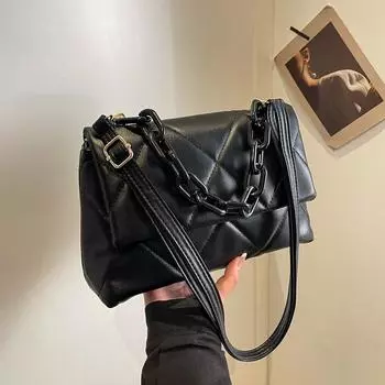 Мягкие сумки через плечо из искусственной кожи для женщин, сумка-клапан с вышивкой нитками, роскошные брендовые трендовые сумки через плечо с цепочкой, кошелек 27.5*9*17.5cm чёрный