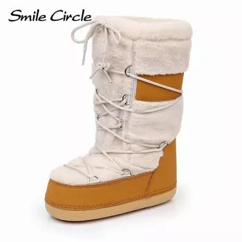 Мягкие теплые женские зимние сапоги с круглым носком, на шнуровке, галоши, модные удобные повседневные сапоги 35 бежевый