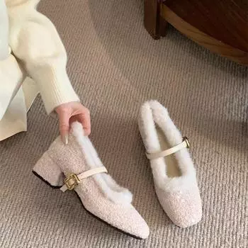 Мягкие туфли Мэри Джейн для женщин 2024 года, новые дизайнерские блестящие туфли на тонком каблуке с квадратным носком и неглубоким носком, теплые туфли-лодочки для женщин 35 бежевый