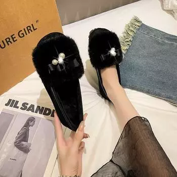 Мягкие туфли с неглубоким носком, женские 2024, мокасины с мехом, повседневные женские кроссовки с круглым носком, балетки, новые милые мокасины, зимние удобные 35 чёрный