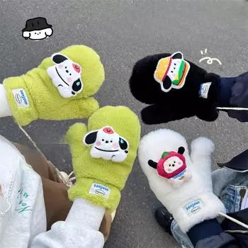 Мягкие варежки, зимние женские, теплые и флисовые, утолщенные хлопковые перчатки, перчатки с рисунком щенка на шее Panda белый