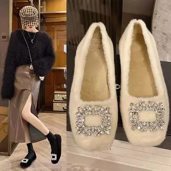 Мягкие водные туфли с квадратной головкой и ромбовидной головкой из бархата Bean Single Shoes 2024 года, новые модные шерстяные кожаные туфли для женщин, осень/зима 35 бежевый