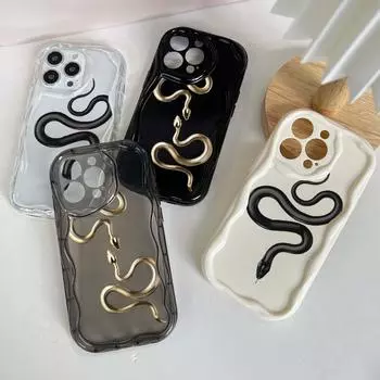 Мягкие волнистые чехлы для телефонов N71 с черным золотом и змеей для iPhone 14 Pro Max 13 mini 15 Plus XR 7 8 6 XS Max 12 11, защитный чехол-бампер for iPhone 15 Pro Max
