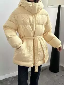Мягкие вощеные хлебные изделия, средние и длинные пуховики для женщин, талии и тонкие 2024 осень и зима, новая куртка с поясом Average size 90-75kg грязно-белый