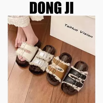 Мягкие восковые мягкие восковые ~ зимние теплые утолщенные шерстяные хлопковые туфли женские универсальные пушистые тапочки на одной пуговице с толстой подошвой Tide. 35 чёрный