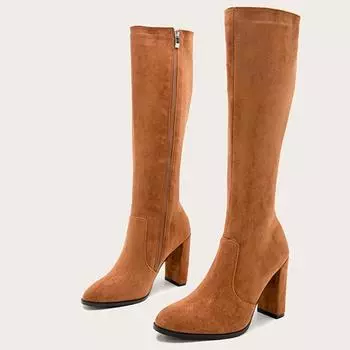 Мягкие замшевые кожаные ботинки женские туфли INS квадратные каблуки высокие сапоги до колена модные зимние современные сапоги женские повседневные длинные сапоги на молнии 35 коричневый