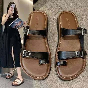 Мягкие женские сандалии с пряжкой на ремне и застежкой-молнией, летние 2024 г., новые легкие пляжные шлепанцы с плоской подошвой и круглым носком в стиле ретро 35 бежевый
