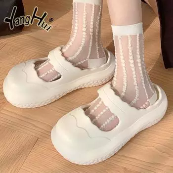 Мягкие женские тапочки Fairy Wind Mary Jane 2024 года, новые модные домашние и уличные противоскользящие износостойкие сандалии Baotou, лето 36-37 чёрный