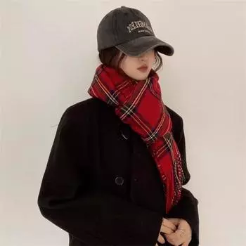 Мягкие зимние кашемировые шарфы, радужная накидка, ветрозащитный клетчатый шерстяной шарф для девочек красный