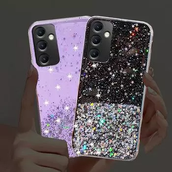 Мягкий блестящий чехол ярких цветов с блестками и звездами для Samsung Galaxy A05 A05S A25 A04S A14 A24 A34 A54 M14 M34 M53 5G 4G S21 S22 S23 Ultra PLus FE. For Samsung S23 Ultra чёрный