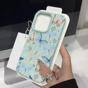 Мягкий чехол для телефона Dream Blue Butterfly Print TPU для iPhone 16 Pro 15 Pro Max 14 13 12 11 с матовой кожаной текстурой, ударопрочный, тонкий, задняя крышка iPhone 16 чёрный