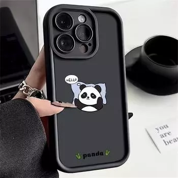 Мягкий чехол для телефона Hello Panda с рисунком TPU для iPhone 16 Pro Max 15 Pro 14 Plus 13 12 11 XR XS 8 7, защитный матовый противоударный бампер iPhone 16 чёрный
