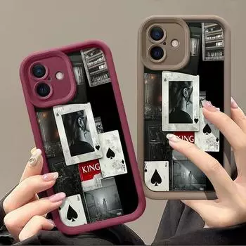 Мягкий чехол для телефона из термополиуретана конфетного цвета для iPhone 16 Pro 15 14 Plus 13 12 11 Pro Max Xs Xr 8 7 с защитой объектива и узором Spades A iPhone 16 чёрный