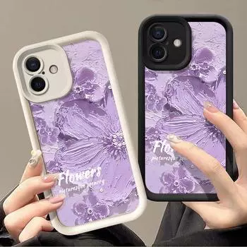 Мягкий чехол для телефона из термополиуретана конфетного цвета для iPhone 16 Pro 15 14 Plus 13 12 11 Pro Max Xs Xr 8 7, противоударный, рельефный, с фиолетовым цветочным узором, защитная крышка для объектива iPhone 16 чёрный