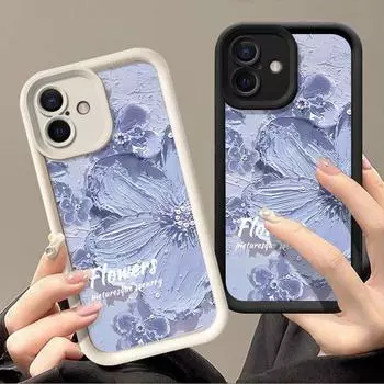 Мягкий чехол для телефона из термополиуретана конфетного цвета для iPhone 16 Pro 15 14 Plus 13 12 11 Pro Max Xs Xr 8 7, противоударный, рельефный, с синим цветочным узором, защитная крышка для объектива iPhone 16 чёрный