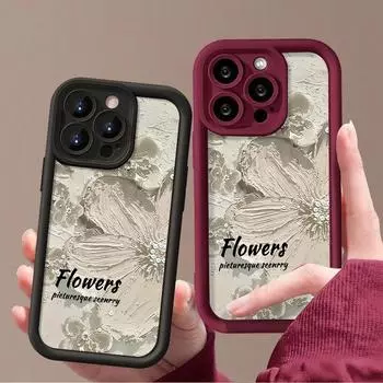 Мягкий чехол для телефона из термополиуретана конфетного цвета для iPhone 16 Pro 15 14 Plus 13 12 11 Pro Max Xs Xr 8 7, противоударный, рельефный, с белым цветочным узором, защитная крышка для объектива iPhone 16 чёрный