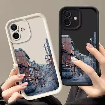 Мягкий чехол для телефона из ТПУ с рисунком города для iPhone 16 15 Pro 14 Plus 13 12 11 Pro Max Xs Xr 8 7, однотонный противоударный защитный чехол для объектива iPhone 16 чёрный