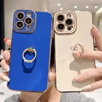 Мягкий чехол для телефона с гальваническим покрытием и сердечком для Iphone 11 12 13 Pro Max Xs X Xr 7 8 Plus, защитный чехол с кольцом-держателем для камеры For iPhone 7 or 8