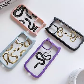 Мягкий чехол для телефона с кошачьими ушками для iPhone 16 15 14 13 12 11 Pro Max Plus XR X TPU Anti-Drop Прозрачная акриловая задняя крышка NY25 Черно-золотой дизайн со змеиной кожей for iPhone XR