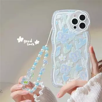 Мягкий чехол для телефона с милым мультяшным цветком и бабочкой для iPhone 15 14 13 12 11 Pro Max 15 14 Plus XR SE 2022 3 2 X XS MAX 7 8 с цветочным принтом на запястье, чехол-цепочка для телефона iPhone 7 синий
