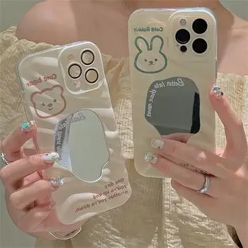 Мягкий чехол для телефона с милым мультяшным 3d медведем и кроликом, волнистым зеркалом для Iphone 14 12 11 13 Pro Max 11 12 13 14, защитная пленка для объектива for iphone 13pro max