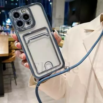 Мягкий чехол для телефона с ожерельем через плечо и ремешком для iPhone 15 14 13 12 11 Pro Max XR X XS 7 8 Plus, чехол-держатель для карт For iPhone 14 фиолетовый