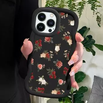 Мягкий чехол для телефона с узором из красных и белых роз для iPhone 11 12 13 14 15 Pro Max 6 6S 7 8 Plus Xs Wave Edge, противоударный защитный резиновый чехол iPhone 14 розовый