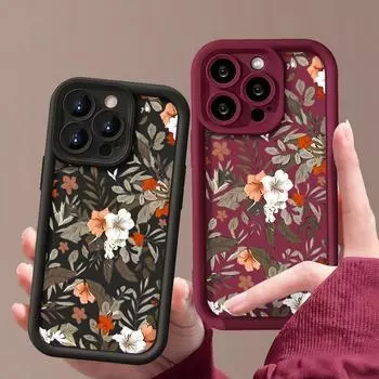 Мягкий чехол для телефона с винтажным цветочным принтом для iPhone 16 Pro Max 15 14 Plus 13 Pro 12 11 XS XR 8, силиконовый противоударный защитный матовый чехол-бампер из ТПУ iPhone 16 чёрный