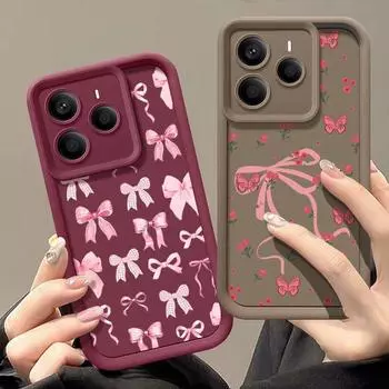 Мягкий чехол для телефона TPU с цветочным принтом и бантом для Xiaomi 14T 13T Poco X7 F6 Pro X6 Redmi Note 14 Pro 13 12 11, матовый силиконовый противоударный чехол-бампер Redmi Note 14 5G чёрный