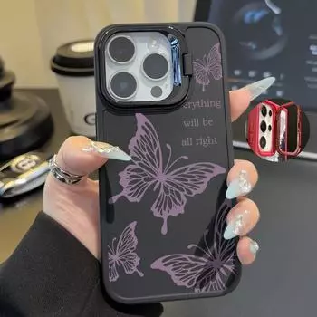 Мягкий чехол для телефона TPU с фиолетовым узором в виде бабочки для iPhone 16 Pro Max 15 14 Pro 13 12 11, подставка для объектива, противоударный матовый защитный чехол цвета конфет iPhone 16 чёрный