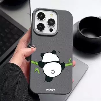 Мягкий чехол для телефона TPU с милым рисунком панды для iPhone 16 Pro 15 Pro Max 14 13 12 11, матовая кожаная текстура, ударопрочный, тонкий, задняя крышка iPhone 16 серый