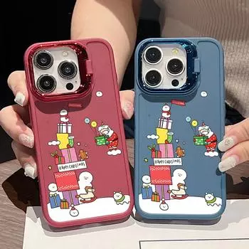 Мягкий чехол для телефона TPU с подставкой для объектива для iPhone 16, 15 Pro, 14 Plus, 13, 12 Pro Max, 11, однотонный, с рисунком рождественского снеговика, ударопрочный, тонкий, матовый чехол iPhone 16 чёрный