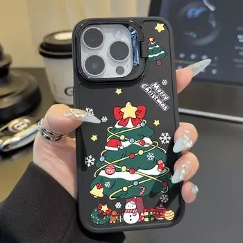 Мягкий чехол для телефона TPU с подставкой для объектива для iPhone 16, 15 Pro, 14 Plus, 13, 12 Pro Max, 11, с рисунком рождественской елки, однотонный, ударопрочный, тонкий, матовый чехол iPhone 16 чёрный