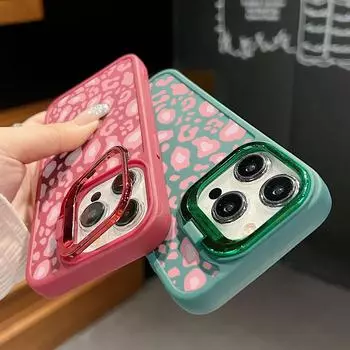 Мягкий чехол для телефона TPU с подставкой для объектива и карамельным цветом для iPhone 16 Pro Max 15 14 Pro 13 12 11 с розовым леопардовым принтом, противоударный матовый защитный чехол от падений iPhone 16 чёрный