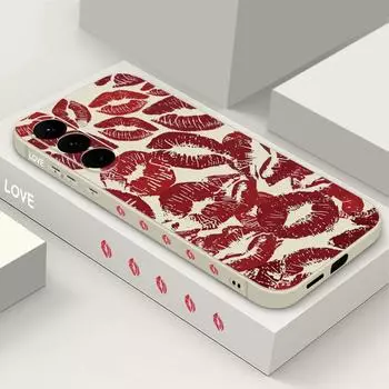 Мягкий чехол для телефона TPU с принтом губ для Samsung S25 Ultra S24 FE S23 S22 A16 A36 A55 A35 A06 A25, защитный чехол для объектива со шнурком, тонкий противоударный матовый бампер Samsung S25 Ultra белый/бежевый