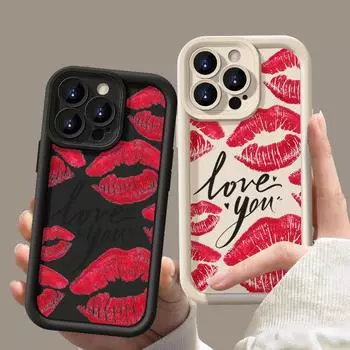 Мягкий чехол для телефона TPU с рисунком Love Lips для iPhone 16 Pro Max 15 Plus 14 Pro 13 12 11 XR XS 8 7, защита объектива, противоударный матовый бампер iPhone 16 чёрный