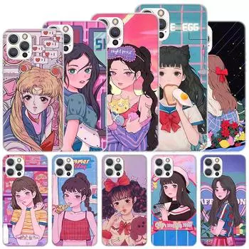 Мягкий чехол INS Kawaii Japanese Anime illustration Girl для iPhone 11 12 13 Mini 14 Pro Max Apple Phone Cover X XS XR SE 7 Plus 8 iPhone 11