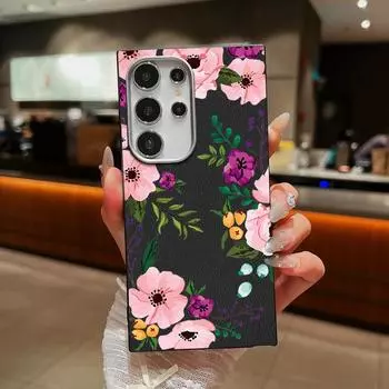 Мягкий чехол из ТПУ с цветочным узором и текстурой из кожи для Samsung S25 Ultra S24 FE S23 S22 S21 A56 A36 A16 A15 A55 A35, матовый противоударный тонкий чехол для телефона Samsung S25 чёрный/фиолетовый