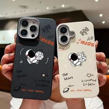 Мягкий чехол из ТПУ с милым рисунком астронавта, однотонный чехол для телефона iPhone 16 Pro 15 14 Plus 13 12 Pro Max 11, противоударный кожаный чехол с текстурой, устойчивый к падениям iPhone 16 чёрный