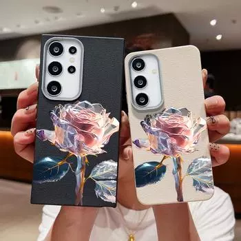 Мягкий чехол из ТПУ с принтом хрустальной розы для Samsung S25 Ultra S24 FE S23 S22 S21 A56 A16 A55 A36 A54 A35, кожаная текстура, матовый противоударный тонкий чехол Samsung S25 чёрный