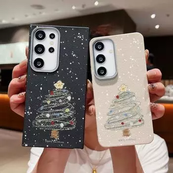 Мягкий чехол из ТПУ с рисунком мультяшной рождественской елки для Samsung S24 S22 Ultra Plus S23 S21 20 Fe A55 A54 A53 A52 A35 A34 A16, кожаная текстура, противоударный чехол Samsung S24 FE серый