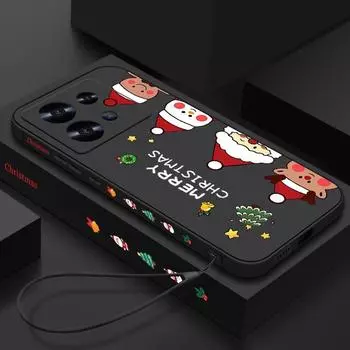 Мягкий чехол из ТПУ с рисунком оленя и Санты для Xiaomi Poco F6 X6 Pro 13T Redmi Note 13 12 11 Pro 10, матовый противоударный чехол со шнурком для телефона со снеговиком Redmi Note 13 4G чёрный
