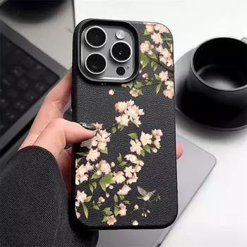 Мягкий чехол из ТПУ с рисунком вишневых цветов, однотонный чехол для iPhone 16 Pro 15 14 13 12 Pro Max 11, противоударный, с кожаной текстурой, противоударный, тонкий чехол iPhone 16 чёрный
