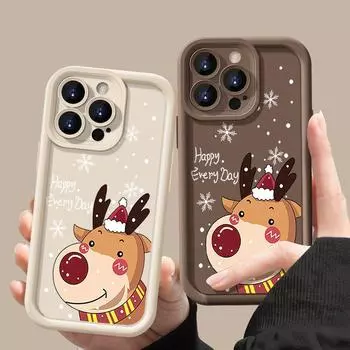 Мягкий чехол из ТПУ с рождественским принтом лося для iPhone 16 Pro 15 Pro Max 14 13 12 11 XS XR 8 7, матовый противоударный защитный чехол для объектива телефона iPhone 16 чёрный