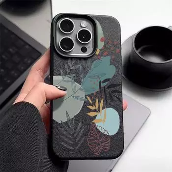Мягкий чехол из ТПУ с зелеными линиями и цветочным узором, однотонный чехол для iPhone 16 Pro 15 14 13 12 Pro Max 11, противоударный кожаный чехол с текстурой, устойчивый к падениям iPhone 16 чёрный