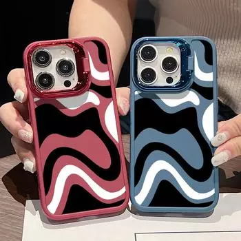 Мягкий чехол-подставка для линз Candy Color TPU для iPhone 16 Pro Max 15 14 Pro 13 12 11 с черно-белой полосой, противоударный матовый защитный чехол от падения iPhone 16 чёрный